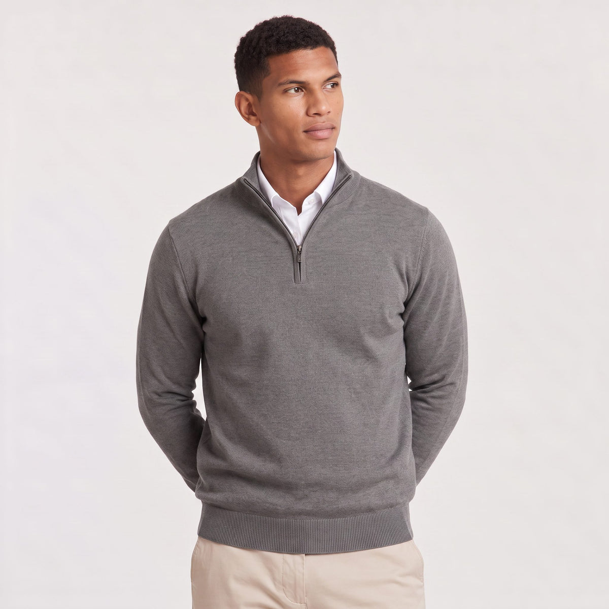 Quarter-Zip Stand Collar Ribbed Knit Jumper for Men - Dark Grey