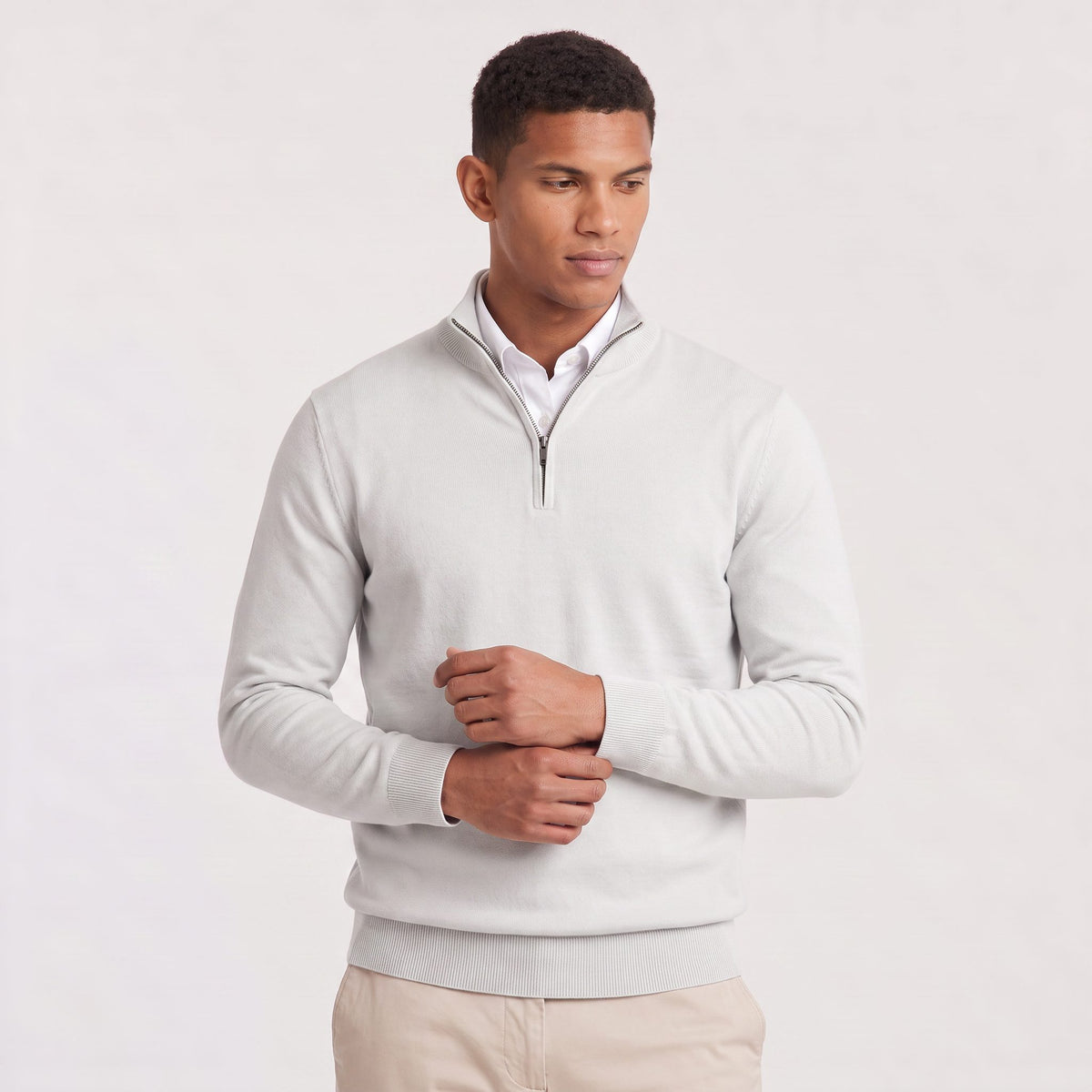 Quarter-Zip Stand Collar Ribbed Knit Jumper for Men - White