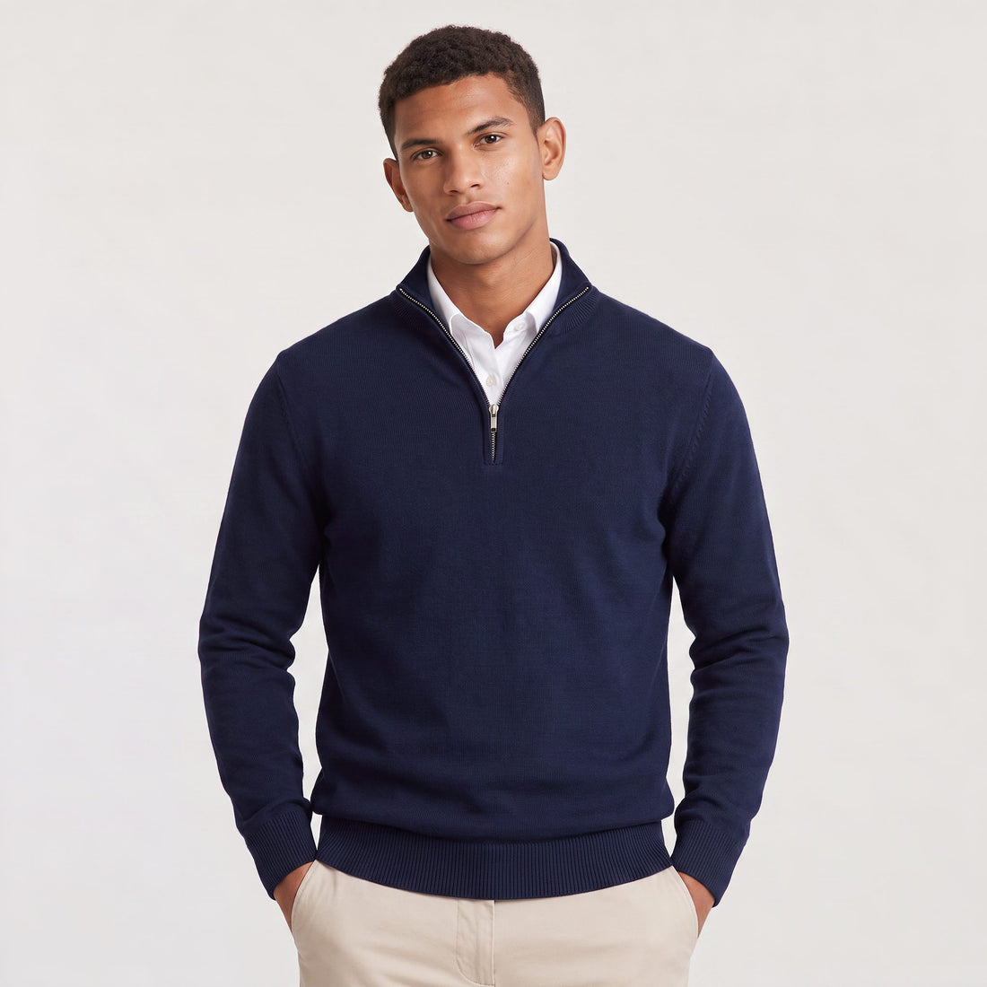 Quarter-Zip Stand Collar Ribbed Knit Jumper for Men