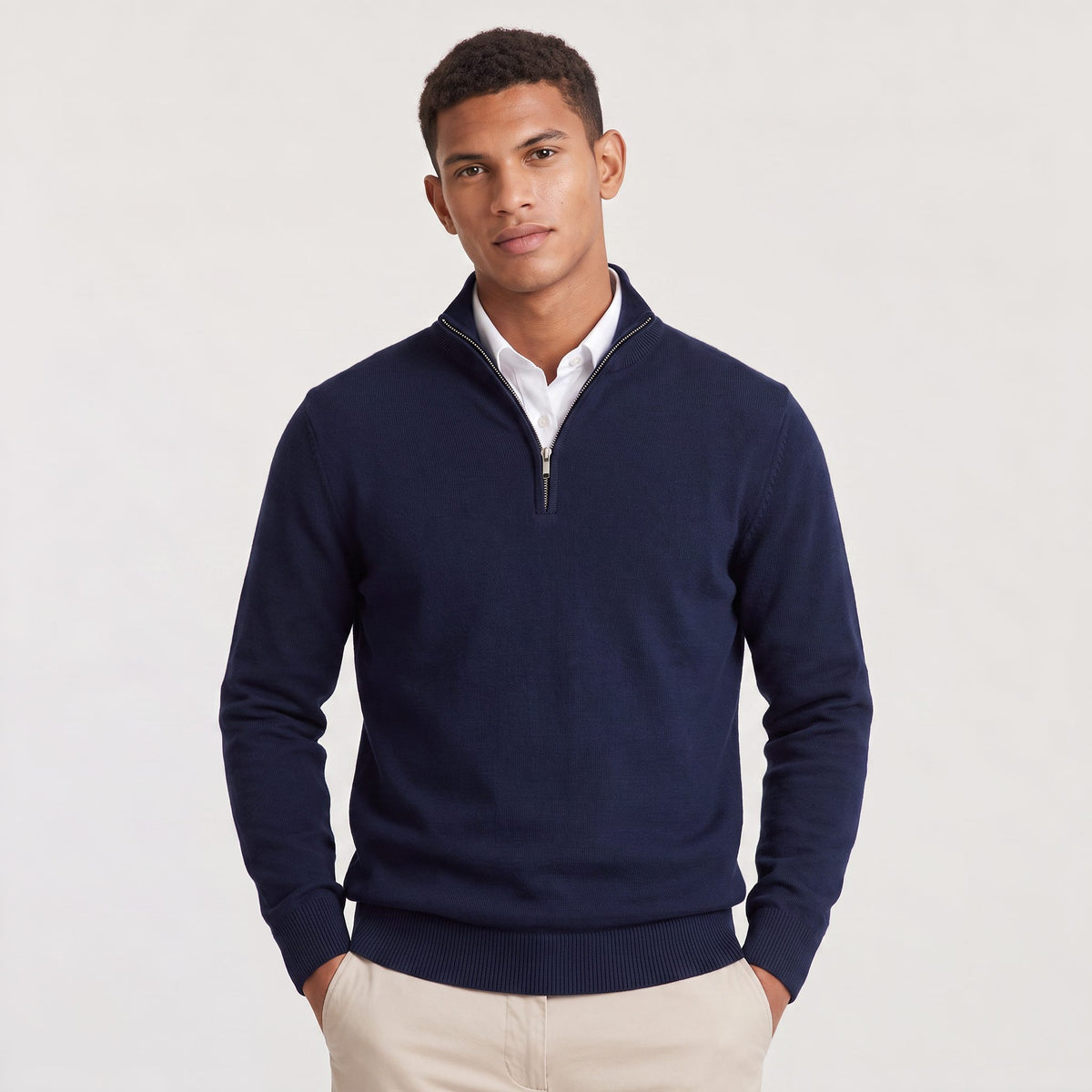 Quarter-Zip Stand Collar Ribbed Knit Jumper for Men