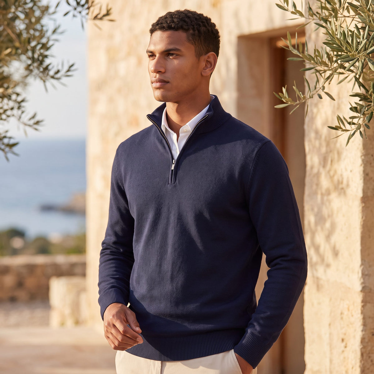Quarter-Zip Stand Collar Ribbed Knit Jumper for Men - View 4