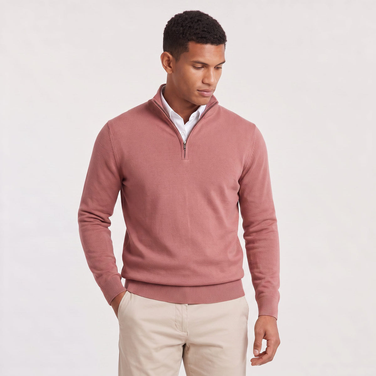 Quarter-Zip Stand Collar Ribbed Knit Jumper for Men - Pink