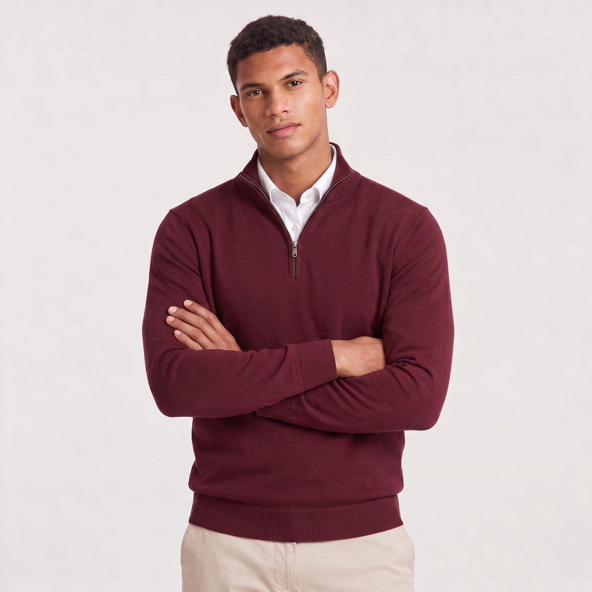 Quarter-Zip Stand Collar Ribbed Knit Jumper for Men - Burdundy