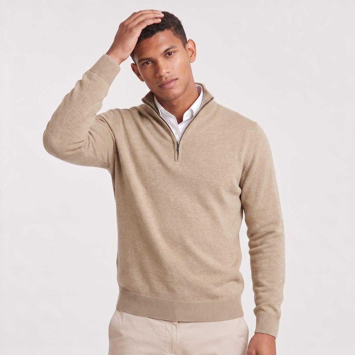 Quarter-Zip Stand Collar Ribbed Knit Jumper for Men - Beige