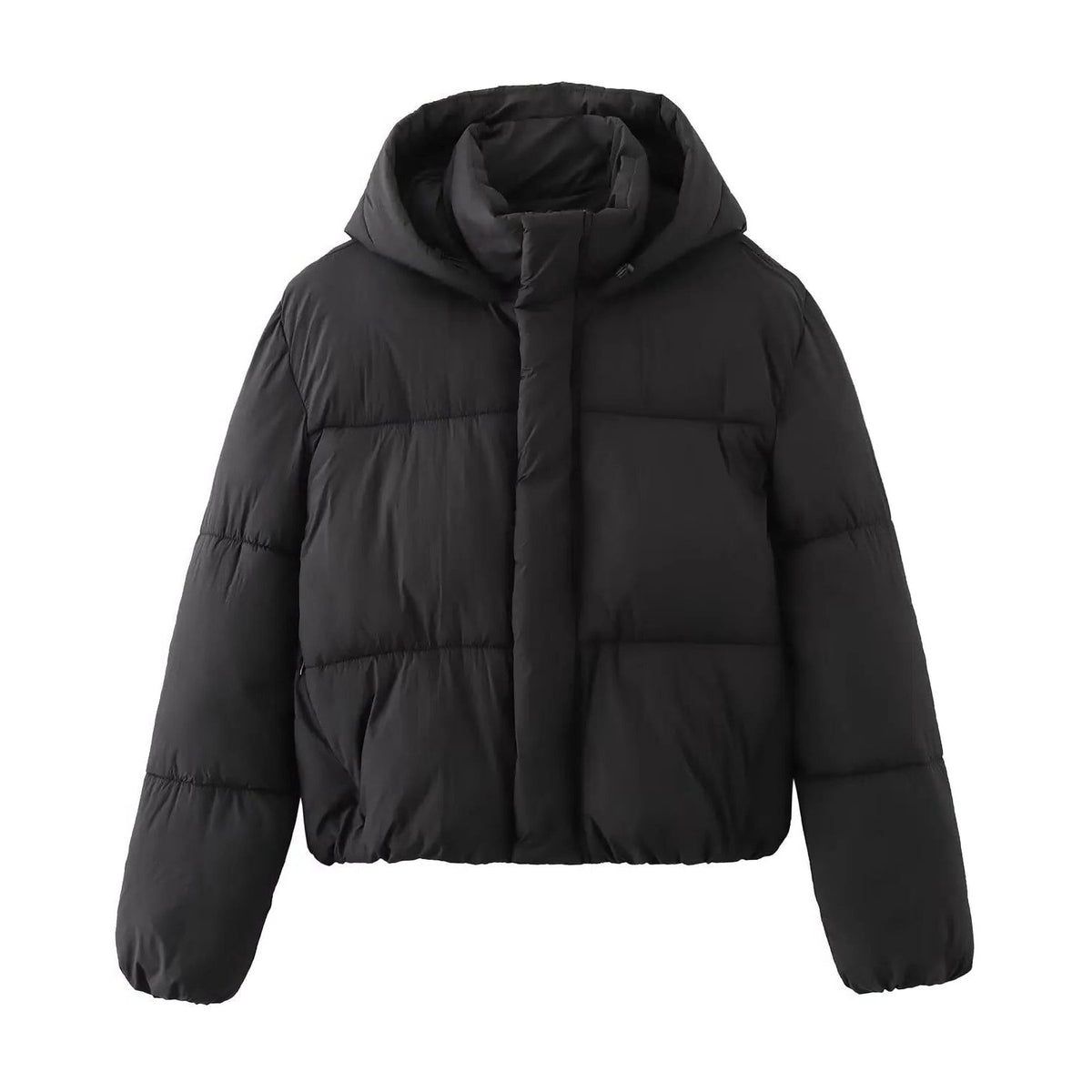 Cropped Quilted Puffer Jacket with Hood for Women - Black