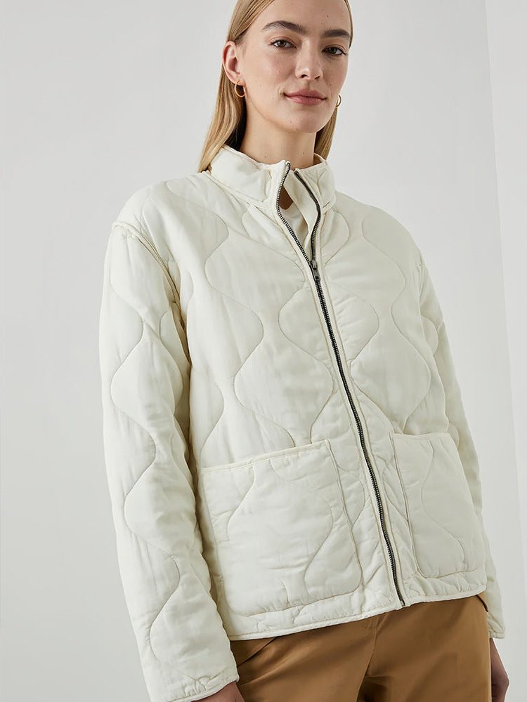 Quilted Oversized Jacket with Stand Collar for Women - Weiß