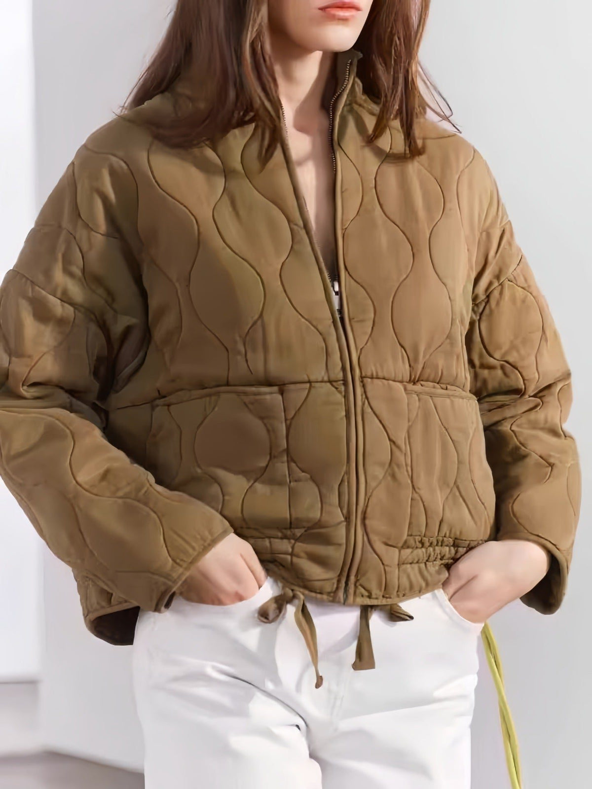 Quilted Oversized Jacket with Stand Collar for Women - Dunkelbeige
