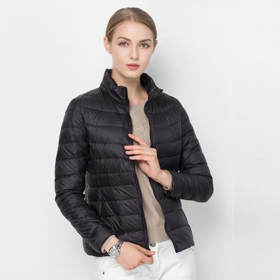 Quilted Puffer Jacket with Stand Collar for Women - Black