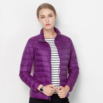 Quilted Puffer Jacket with Stand Collar for Women - Purple