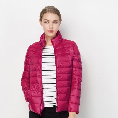 Quilted Puffer Jacket with Stand Collar for Women - Fuchsia
