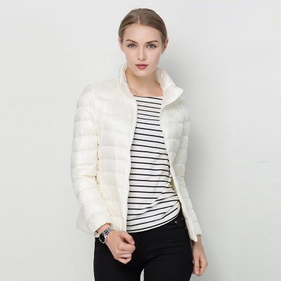 Quilted Puffer Jacket with Stand Collar for Women - White