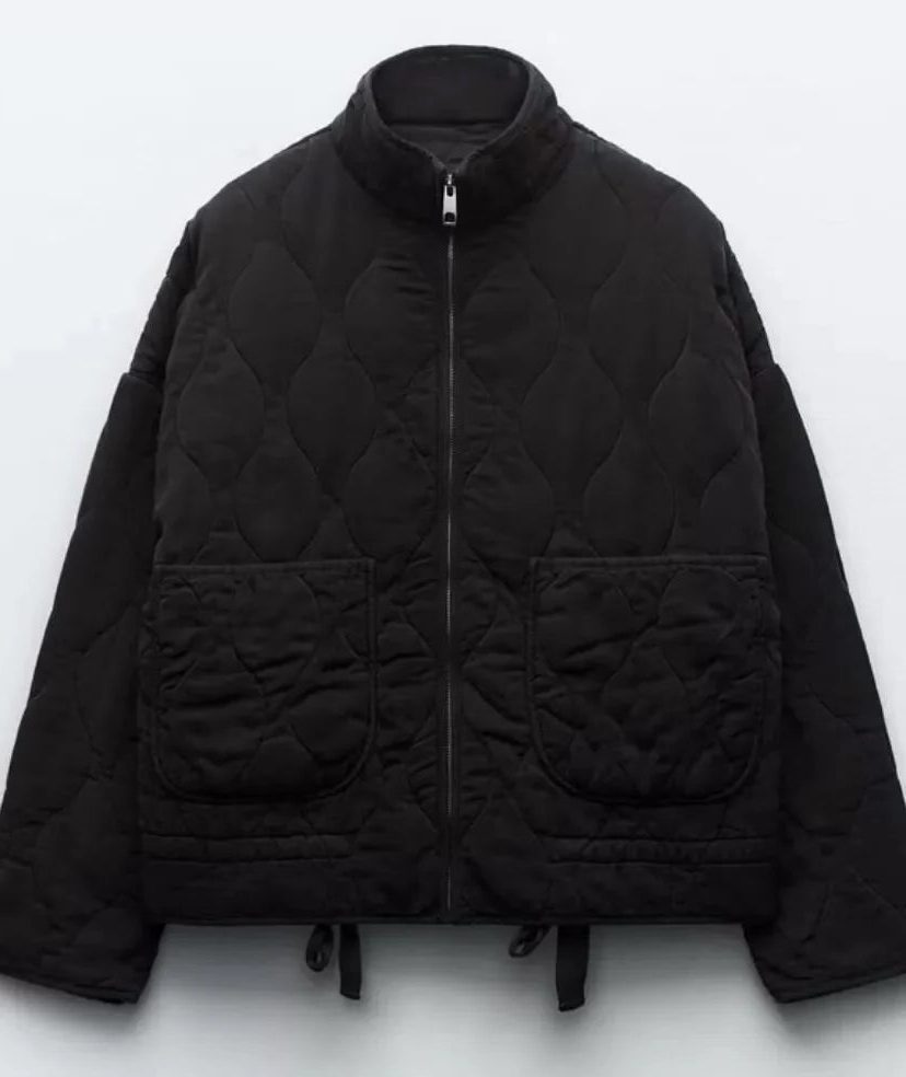 Quilted Zip-Up Jacket with Welt Pockets for Women - Zwart