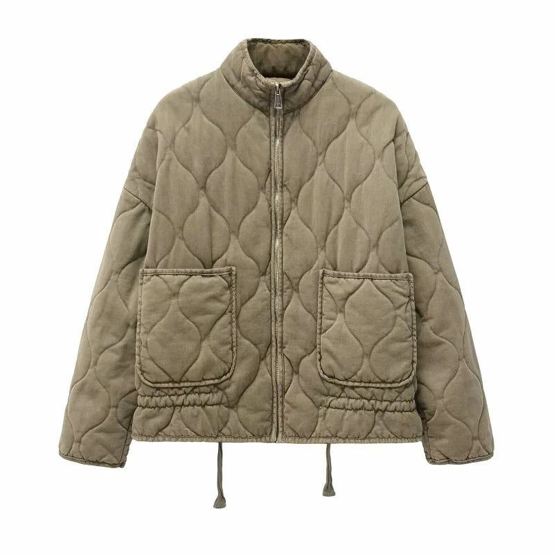 Quilted Zip-Up Jacket with Welt Pockets for Women - Legergroen