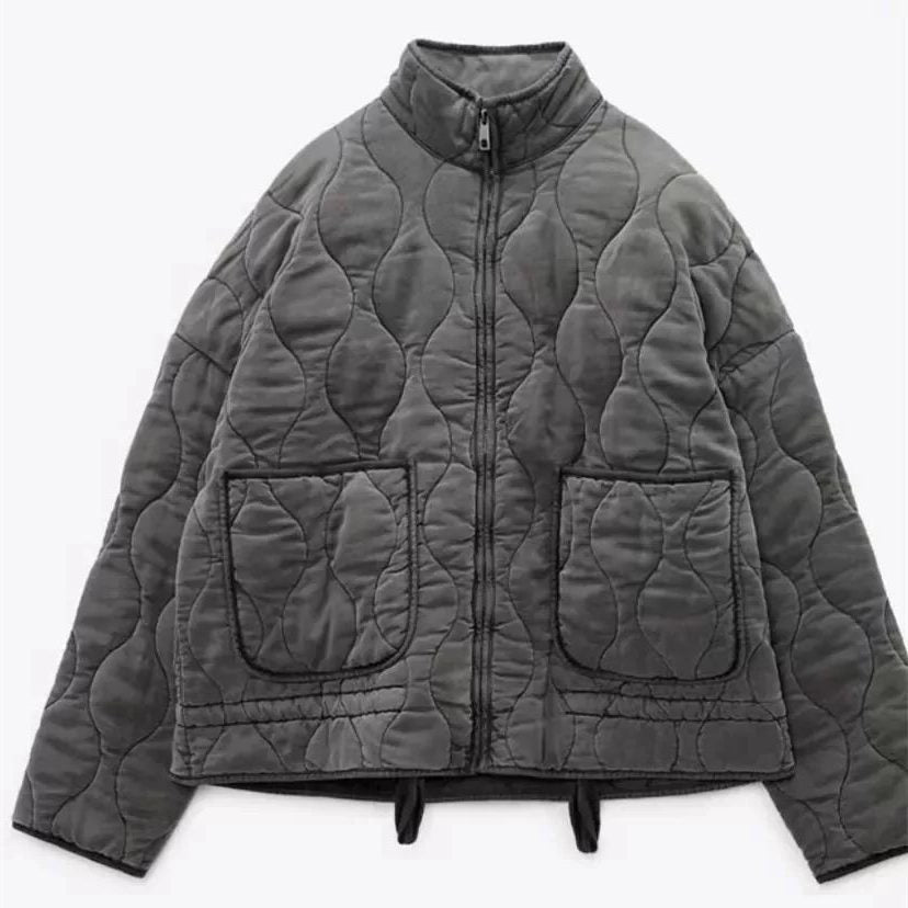 Quilted Zip-Up Jacket with Welt Pockets for Women - Donkergrijs