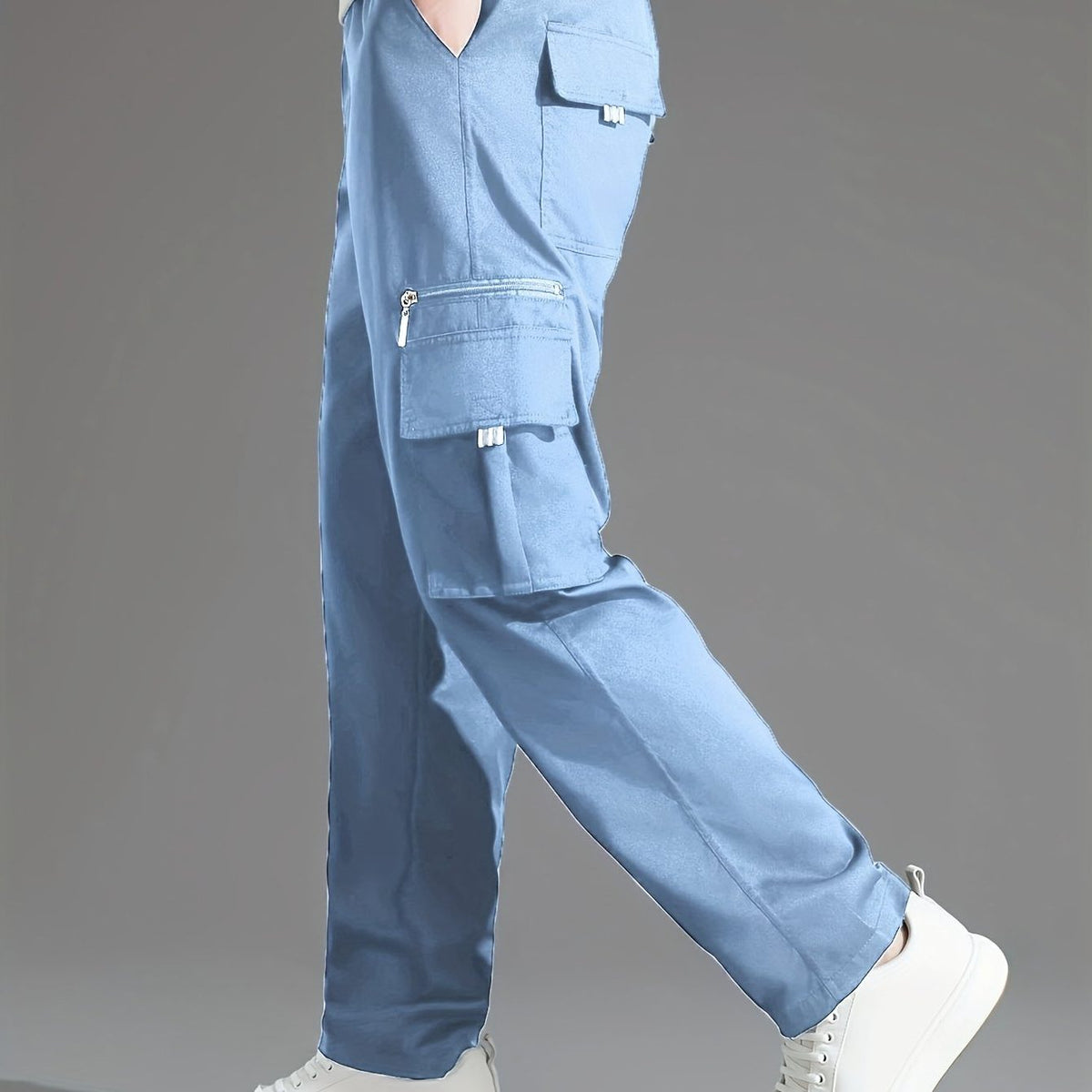 Relaxed Cargo Trousers with Multiple Pockets for Men - Sky Blue