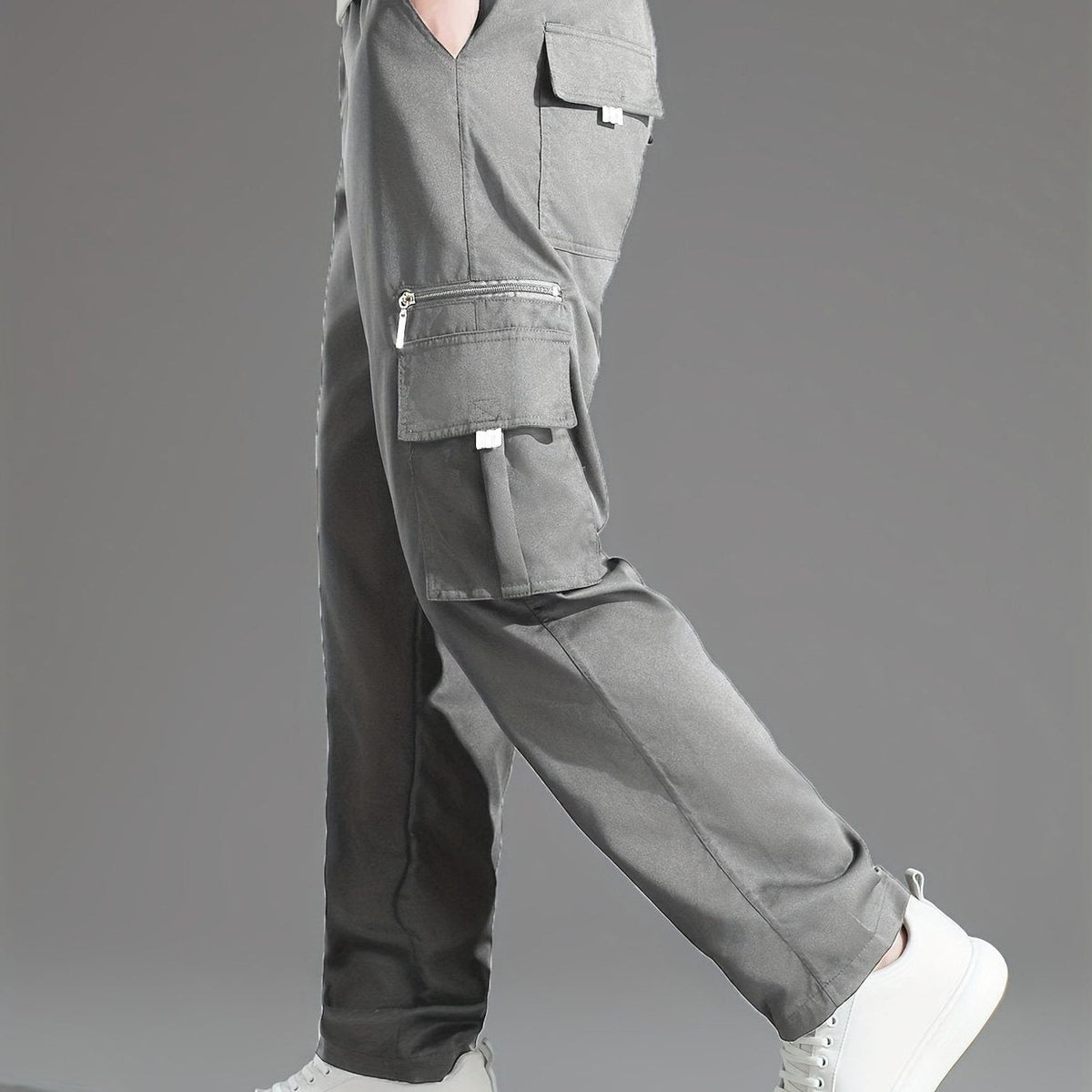 Relaxed Cargo Trousers with Multiple Pockets for Men - Light Grey