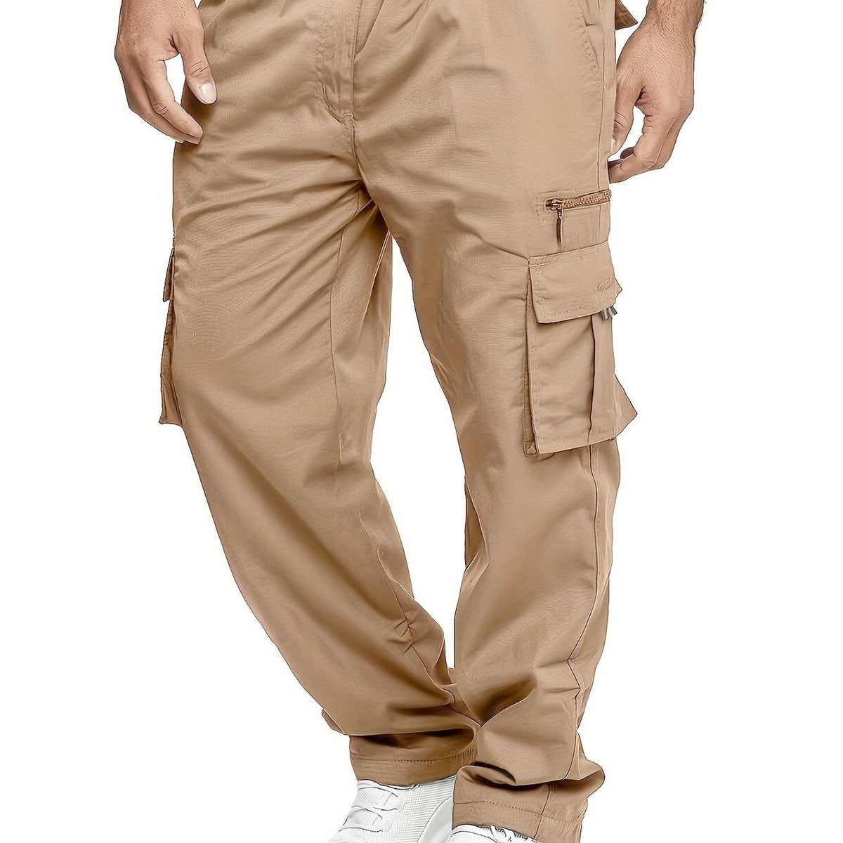 Relaxed Cargo Trousers with Multiple Pockets for Men - Khaki