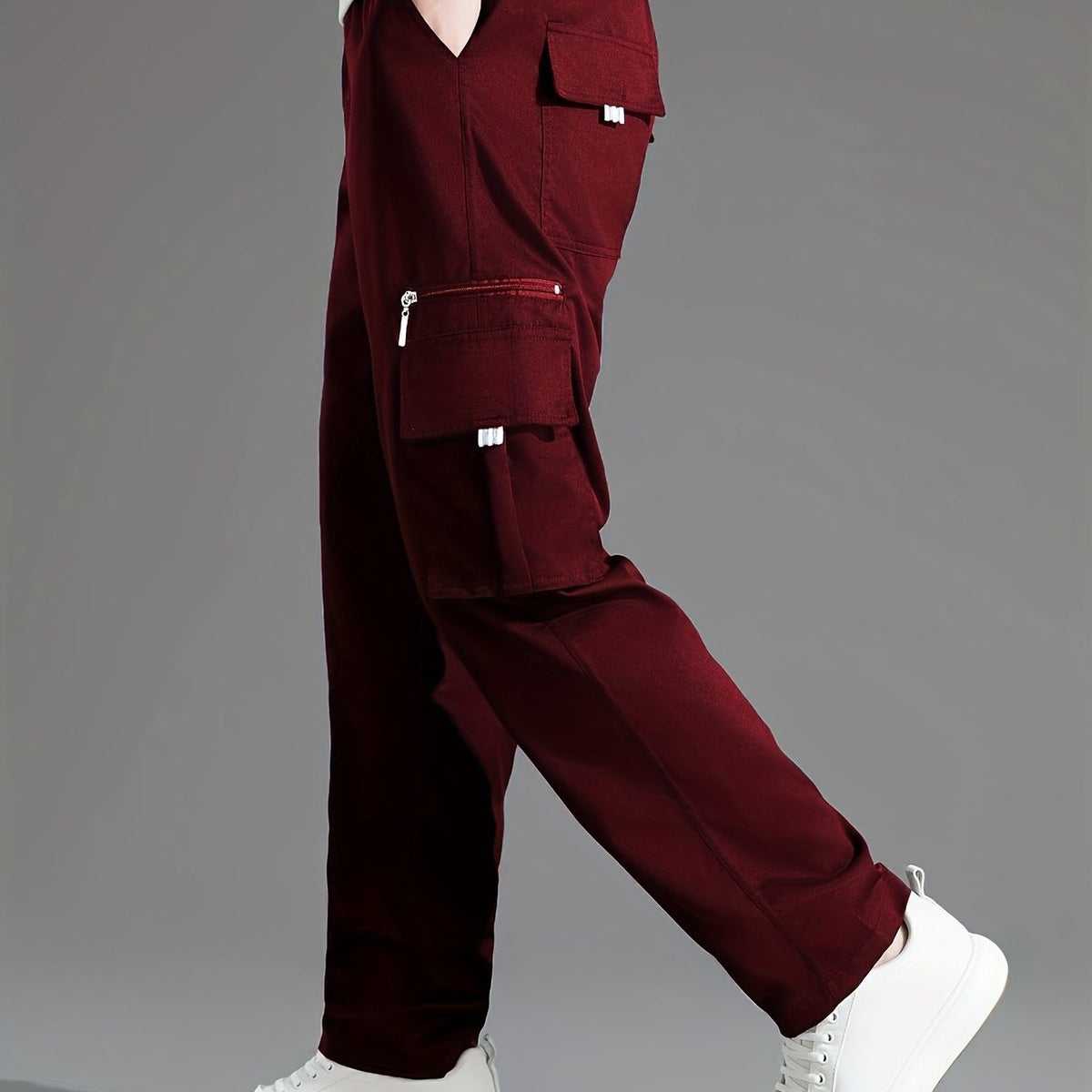 Relaxed Cargo Trousers with Multiple Pockets for Men - Burgundy