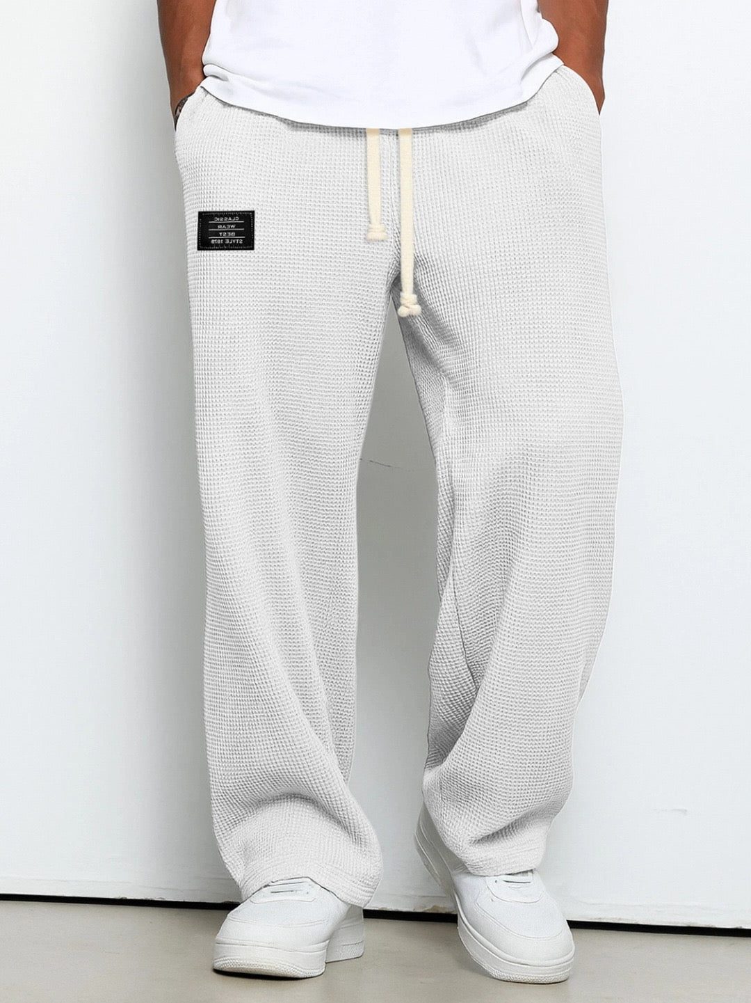 Relaxed Fit Textured Trousers for Men - Blanc