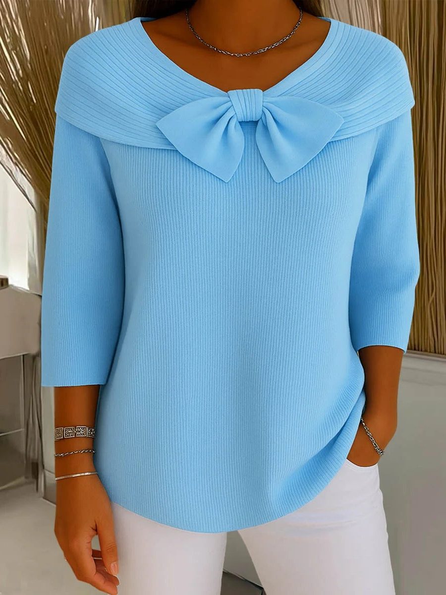 Ribbed Knit Bow Collar Jumper with Three-Quarter Sleeves for Women