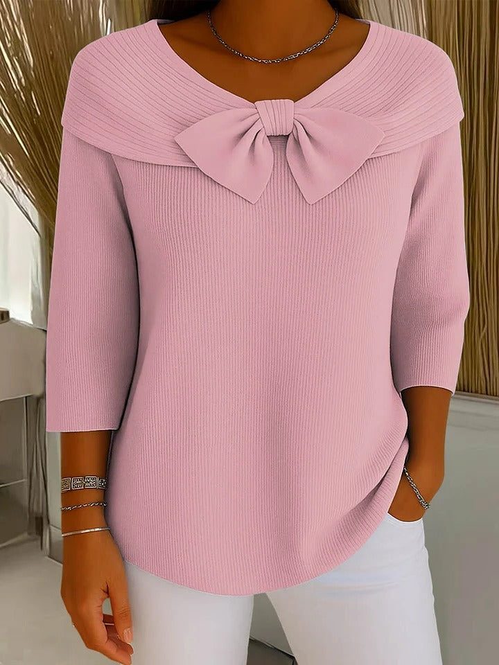 Ribbed Knit Bow Collar Jumper with Three-Quarter Sleeves for Women - Pink