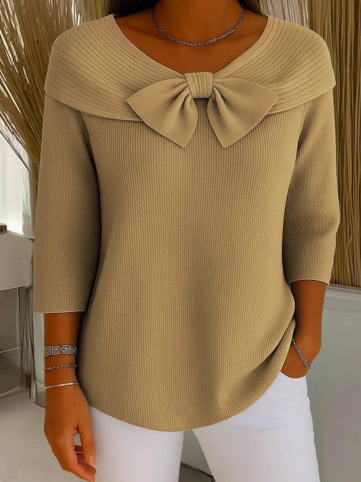Ribbed Knit Bow Collar Jumper with Three-Quarter Sleeves for Women - Khaki