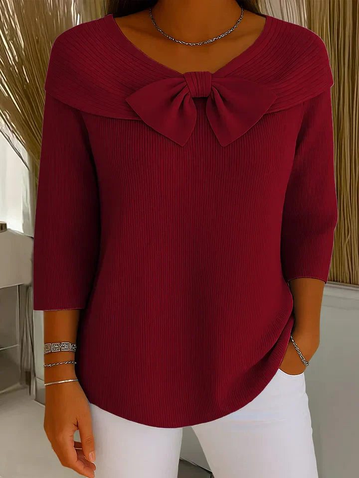 Ribbed Knit Bow Collar Jumper with Three-Quarter Sleeves for Women - Red