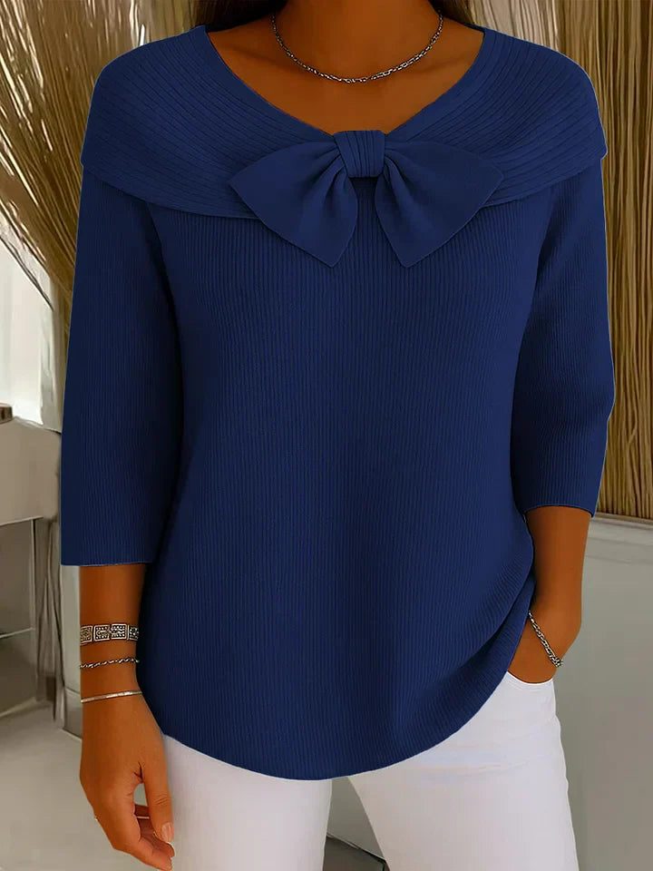 Ribbed Knit Bow Collar Jumper with Three-Quarter Sleeves for Women - Dark Blue