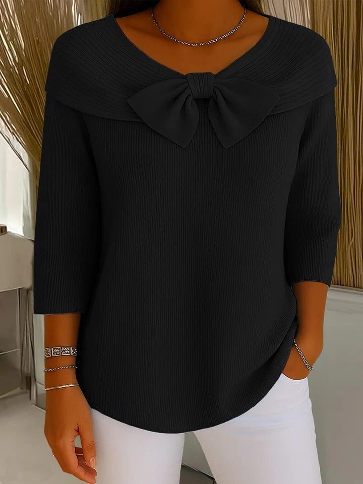 Ribbed Knit Bow Collar Jumper with Three-Quarter Sleeves for Women - Black