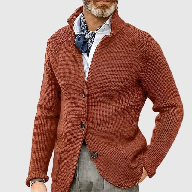 Ribbed Knit Button-Down Cardigan for Men - Corrosion Red