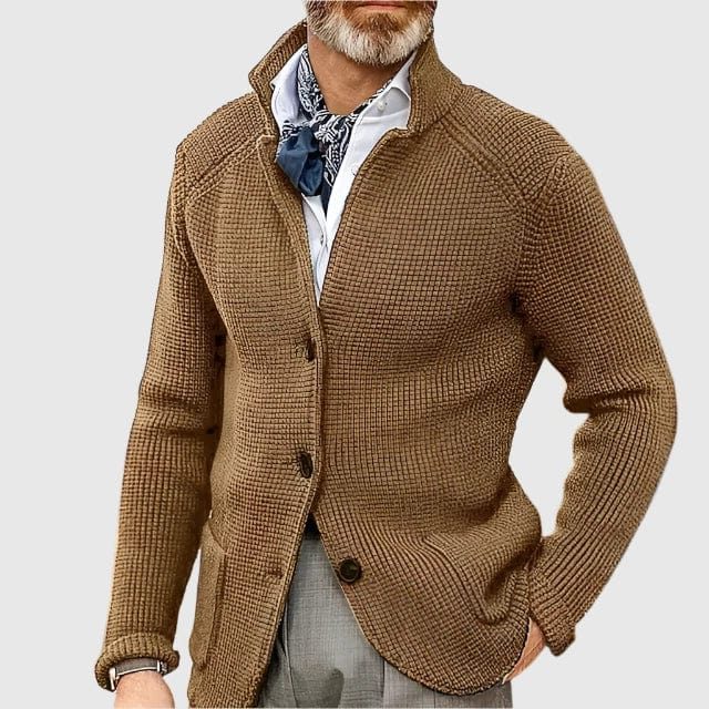Ribbed Knit Button-Down Cardigan for Men - Camel