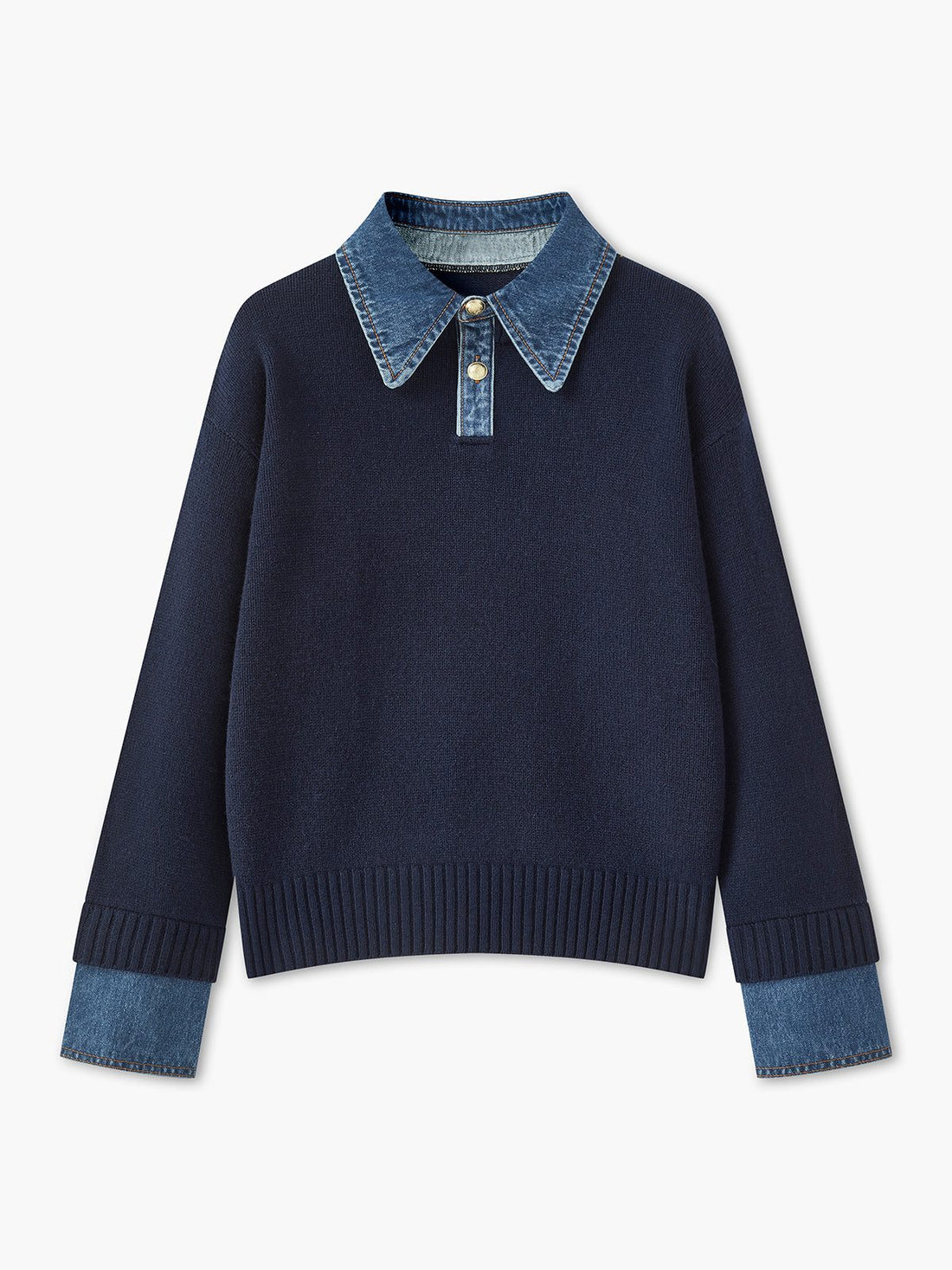Ribbed Knit Jumper with Denim Collar for Women