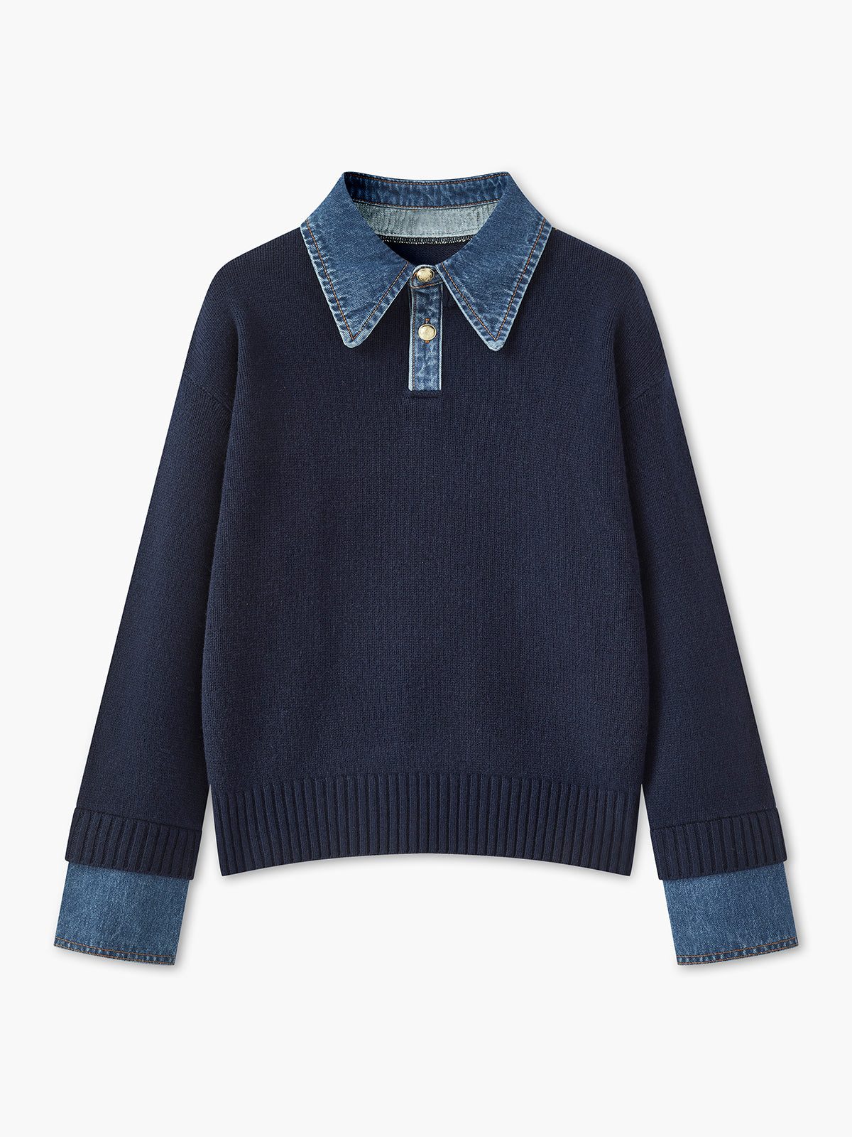 Ribbed Knit Jumper with Denim Collar for Women
