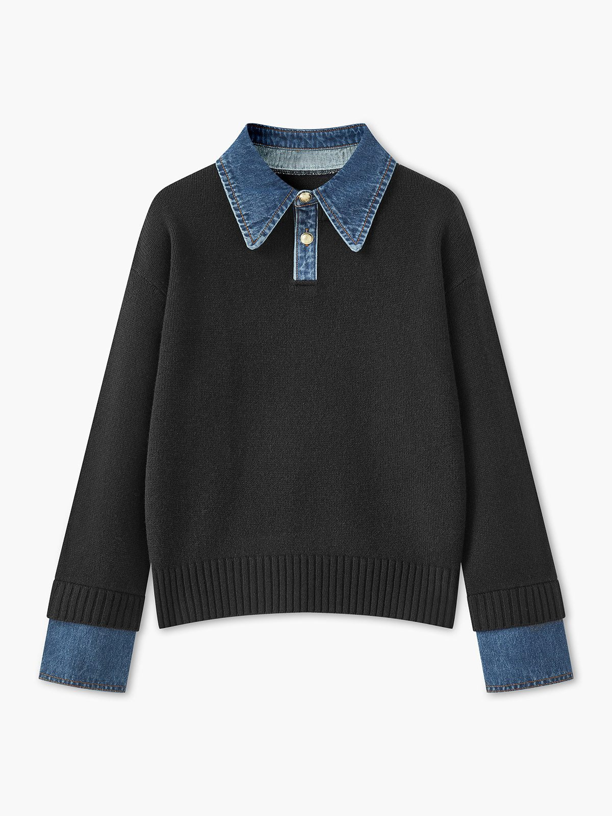 Ribbed Knit Jumper with Denim Collar for Women - Black