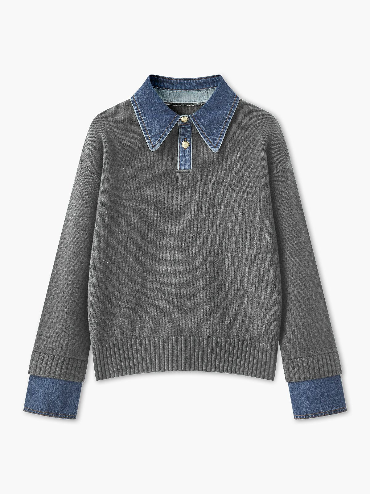Ribbed Knit Jumper with Denim Collar for Women - Light Grey