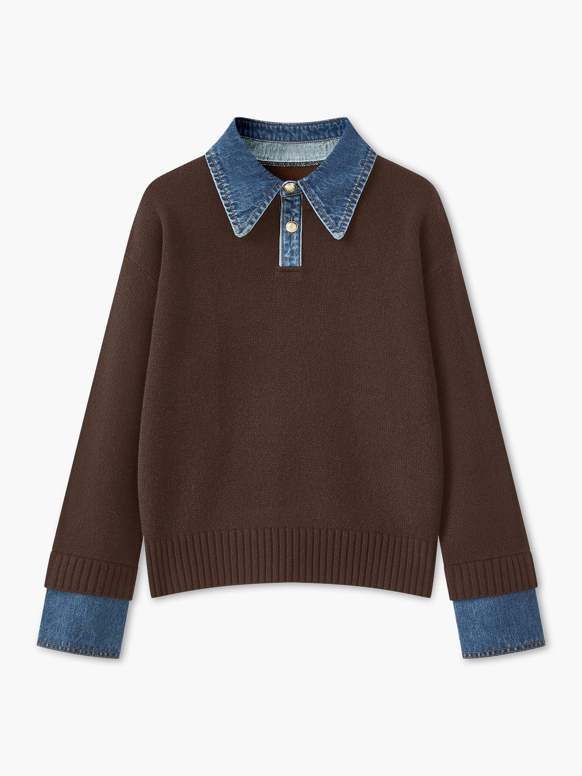 Ribbed Knit Jumper with Denim Collar for Women - Brown