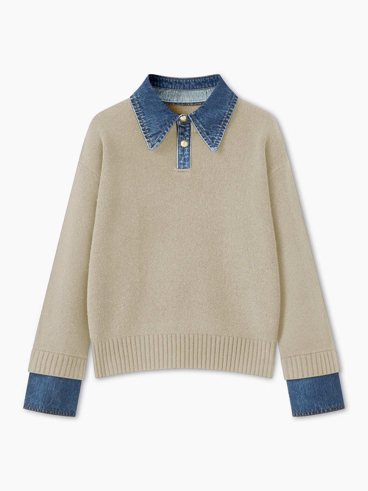 Ribbed Knit Jumper with Denim Collar for Women - Apricot