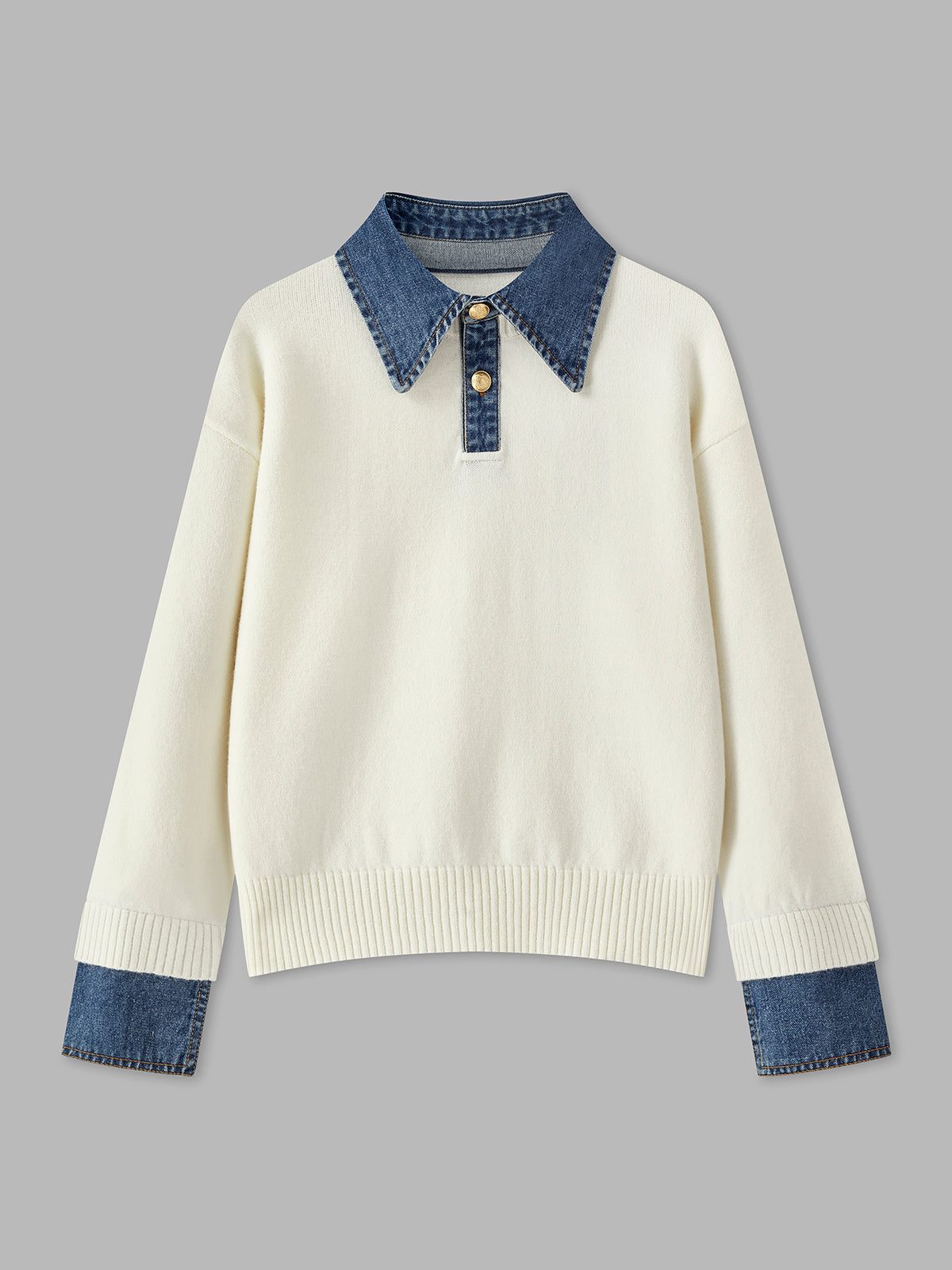Ribbed Knit Jumper with Denim Collar for Women - White