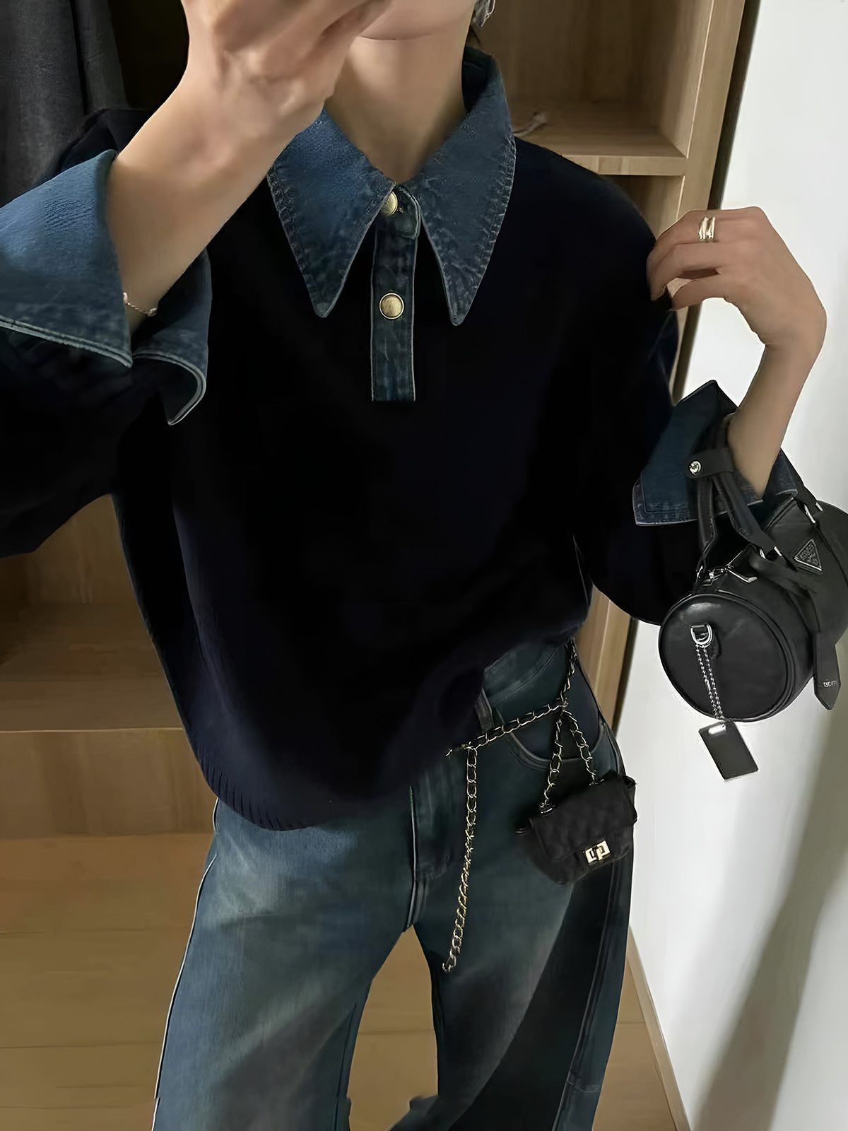 Ribbed Knit Jumper with Denim Collar for Women - View 2
