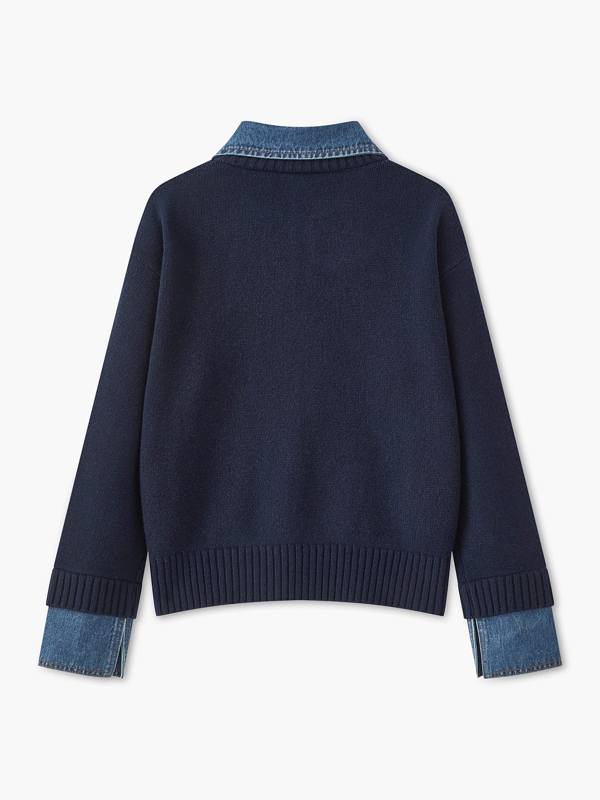 Ribbed Knit Jumper with Denim Collar for Women - View 3