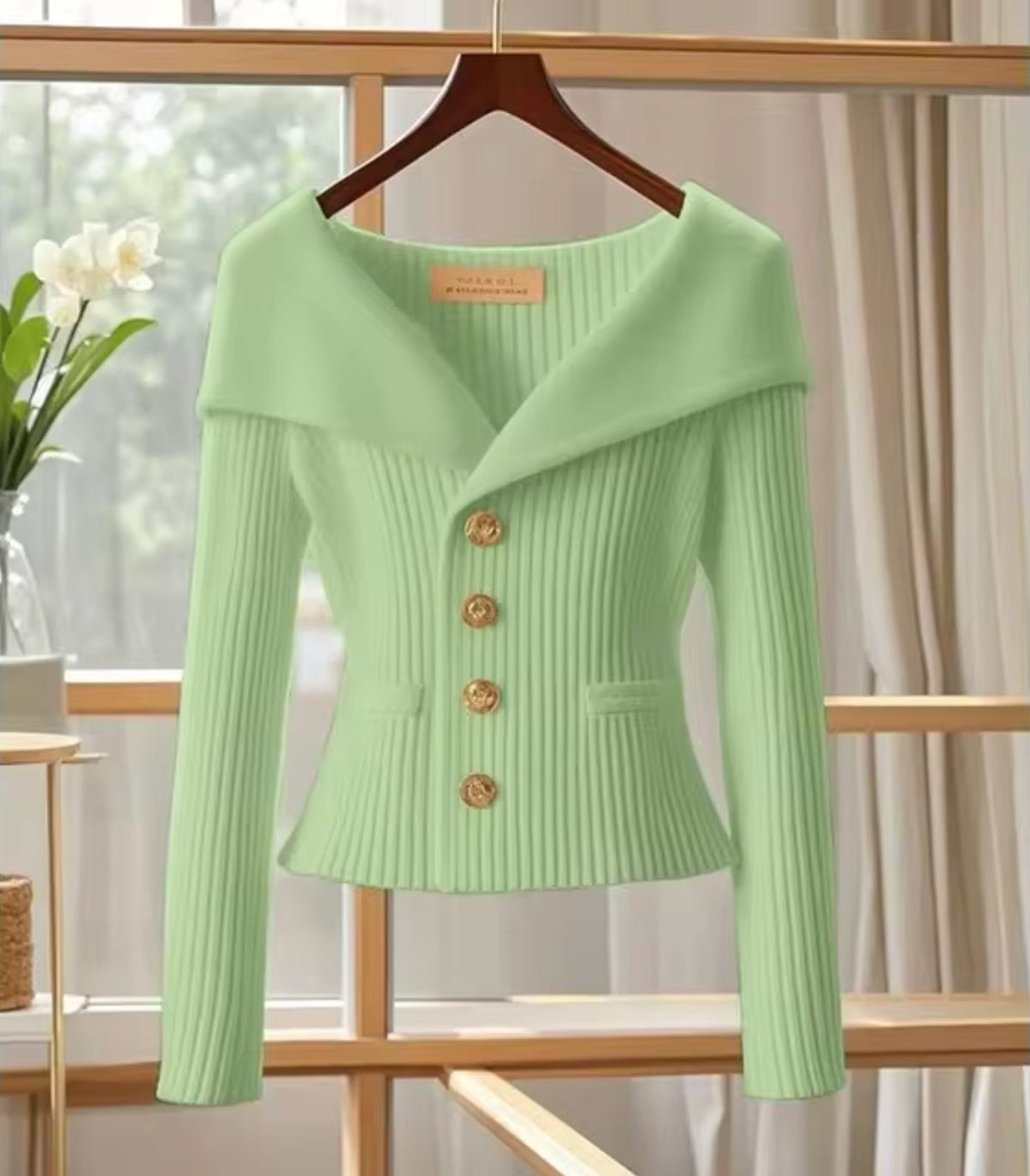 Ribbed Knit Long Sleeve Off-Shoulder Cardigan for Women - Green
