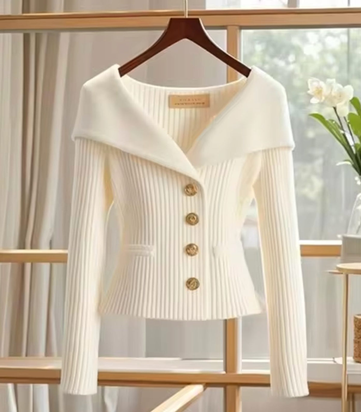 Ribbed Knit Long Sleeve Off-Shoulder Cardigan for Women - White