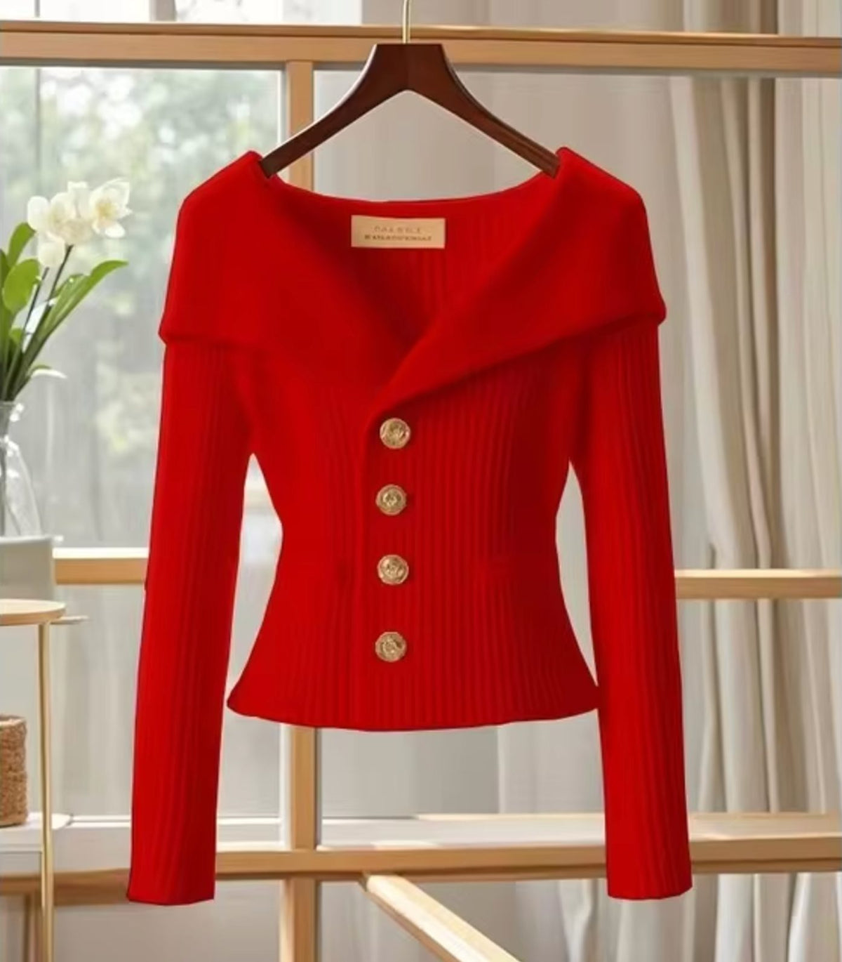 Ribbed Knit Long Sleeve Off-Shoulder Cardigan for Women - Red