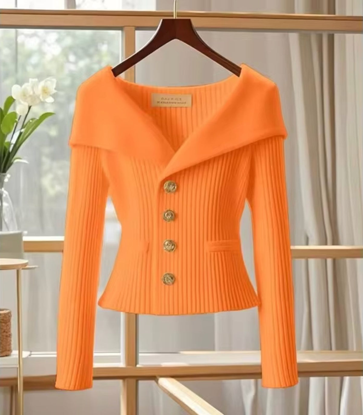 Ribbed Knit Long Sleeve Off-Shoulder Cardigan for Women - Orange