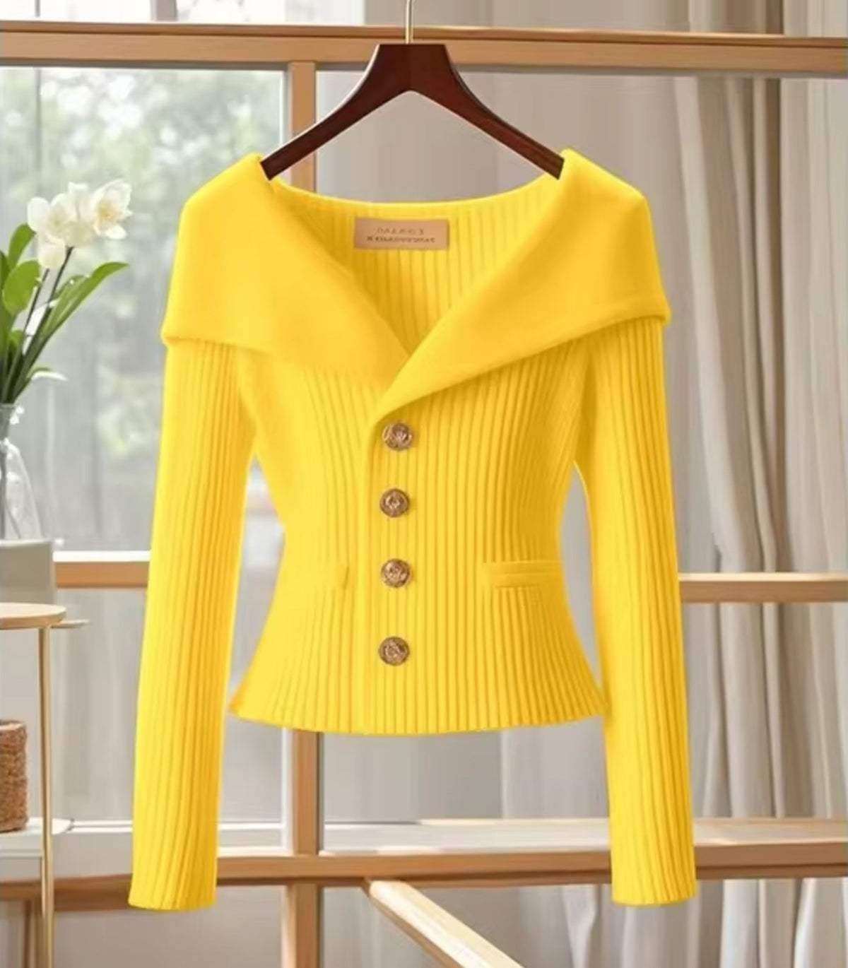 Ribbed Knit Long Sleeve Off-Shoulder Cardigan for Women - Yellow