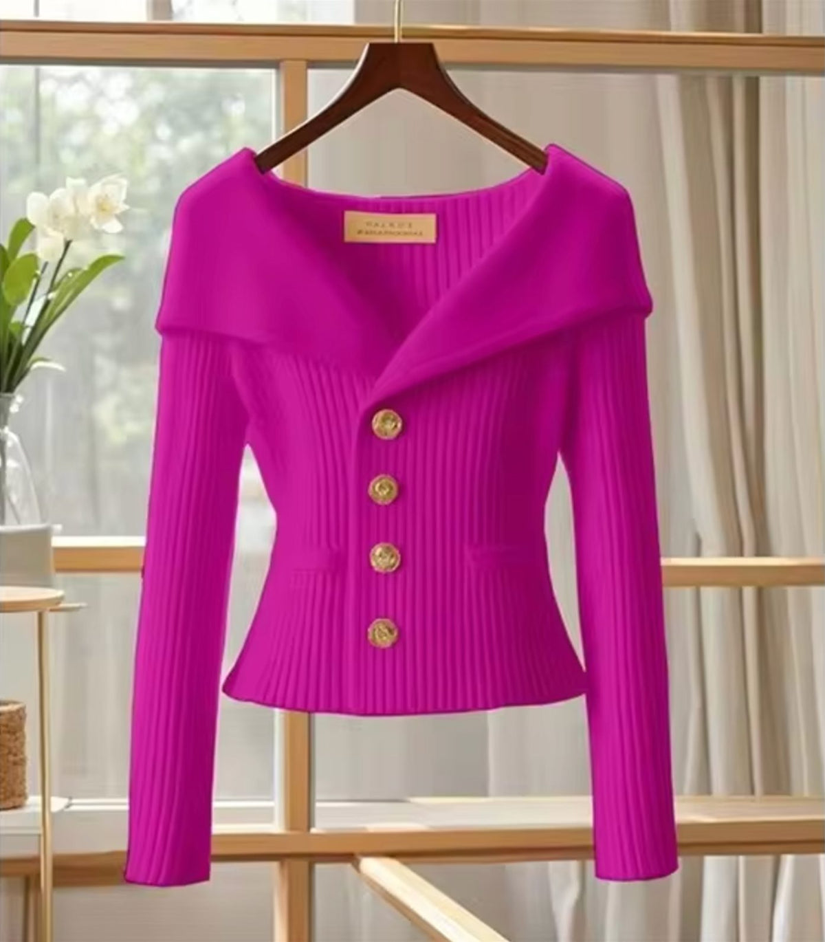 Ribbed Knit Long Sleeve Off-Shoulder Cardigan for Women - Pink