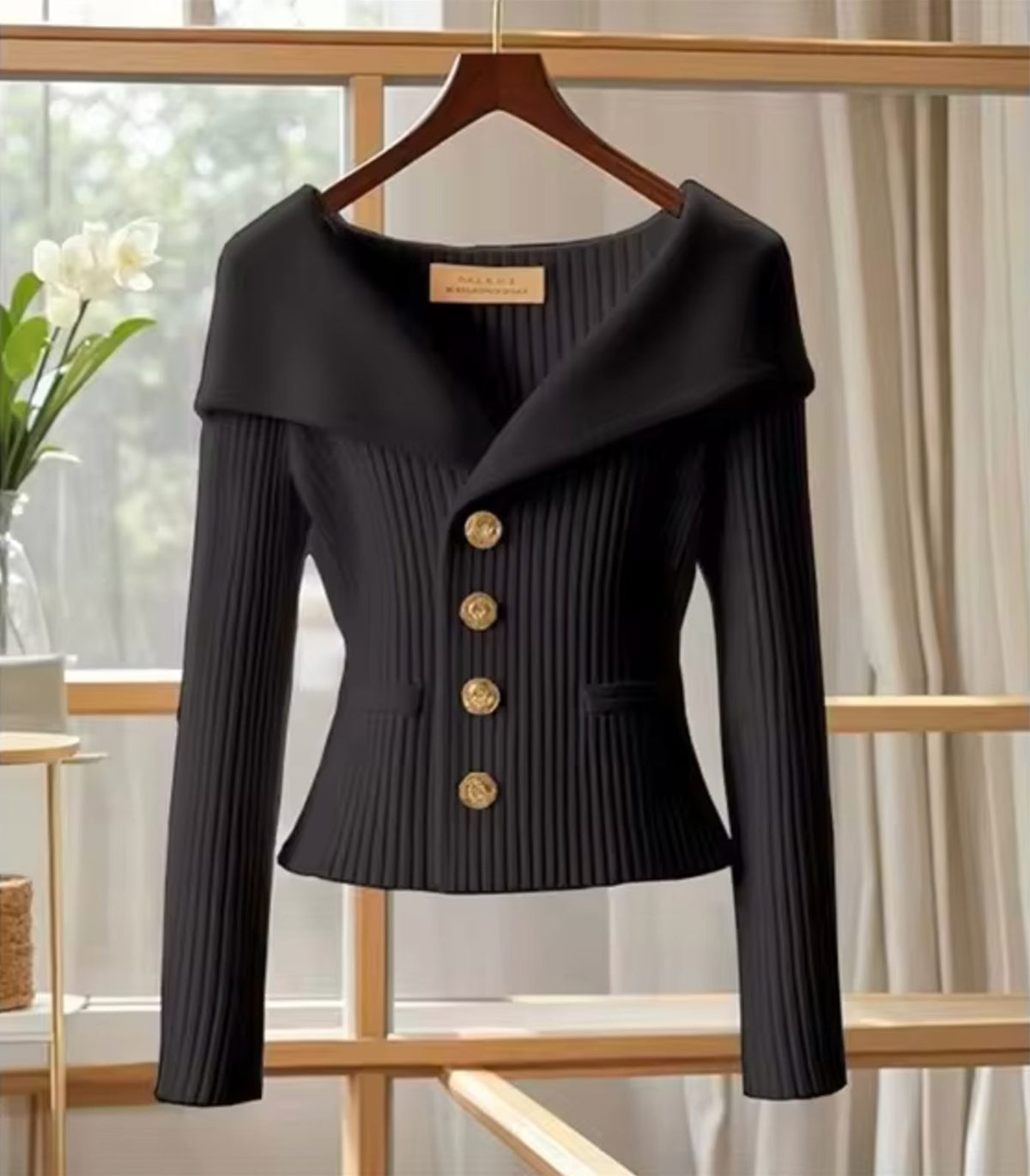 Ribbed Knit Long Sleeve Off-Shoulder Cardigan for Women - Black