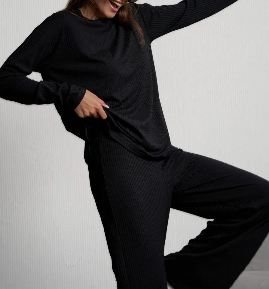 Ribbed Knit Long Sleeve Wedding Guest Maxi Dress for Women - Black