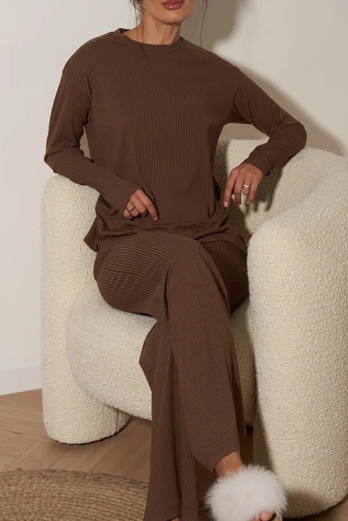 Ribbed Knit Long Sleeve Wedding Guest Maxi Dress for Women - Dark brown