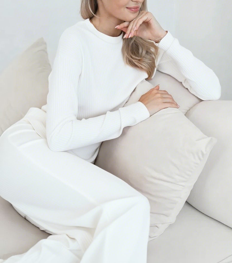 Ribbed Knit Long Sleeve Wedding Guest Maxi Dress for Women - White